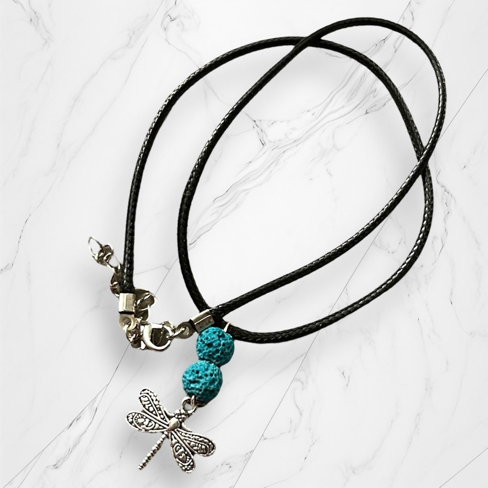 Hand Crafted Necklace Lava Dragonfly Dangle Silver Turquoise Summer